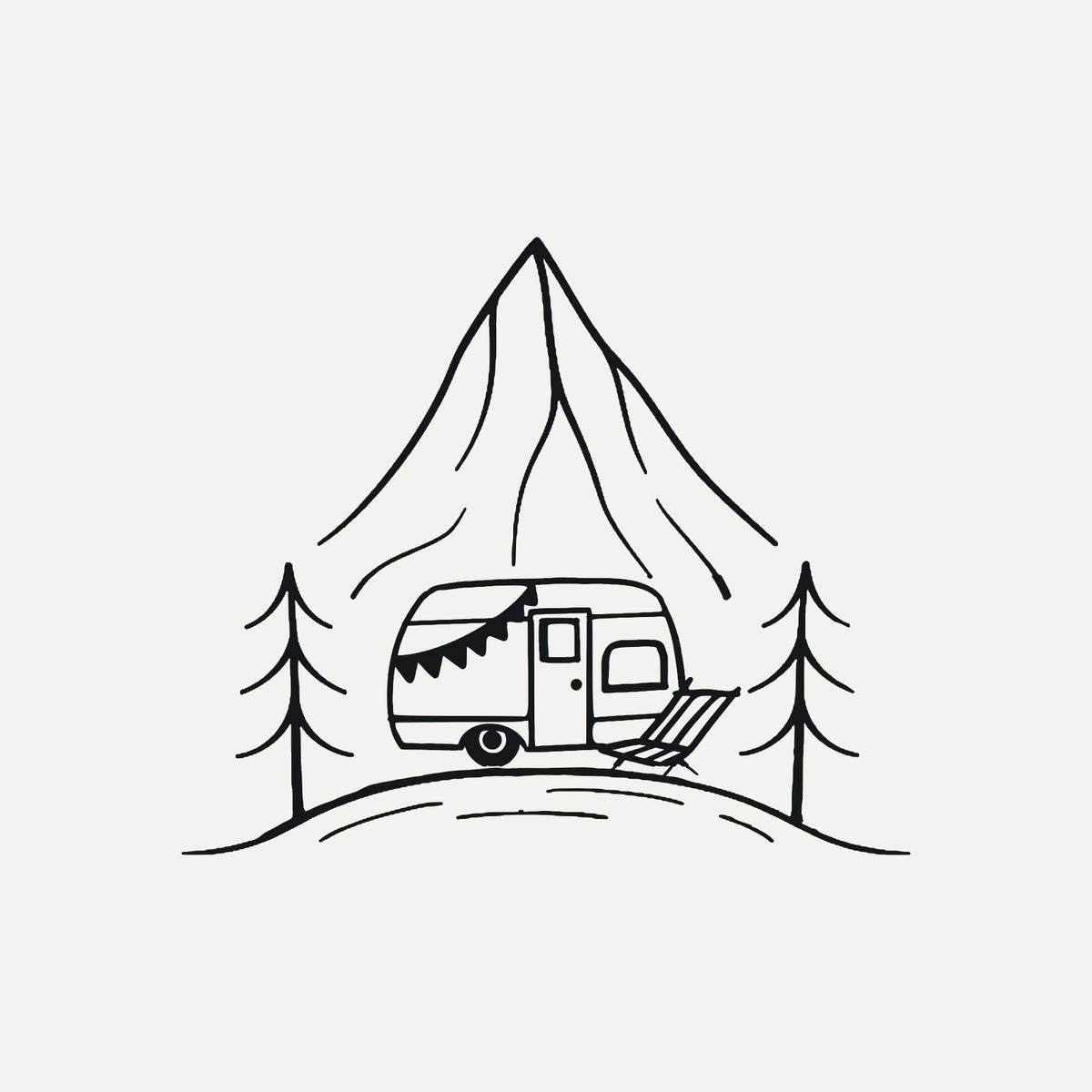 Sticker Wohnwagen Einachser vor Berg und Tannen