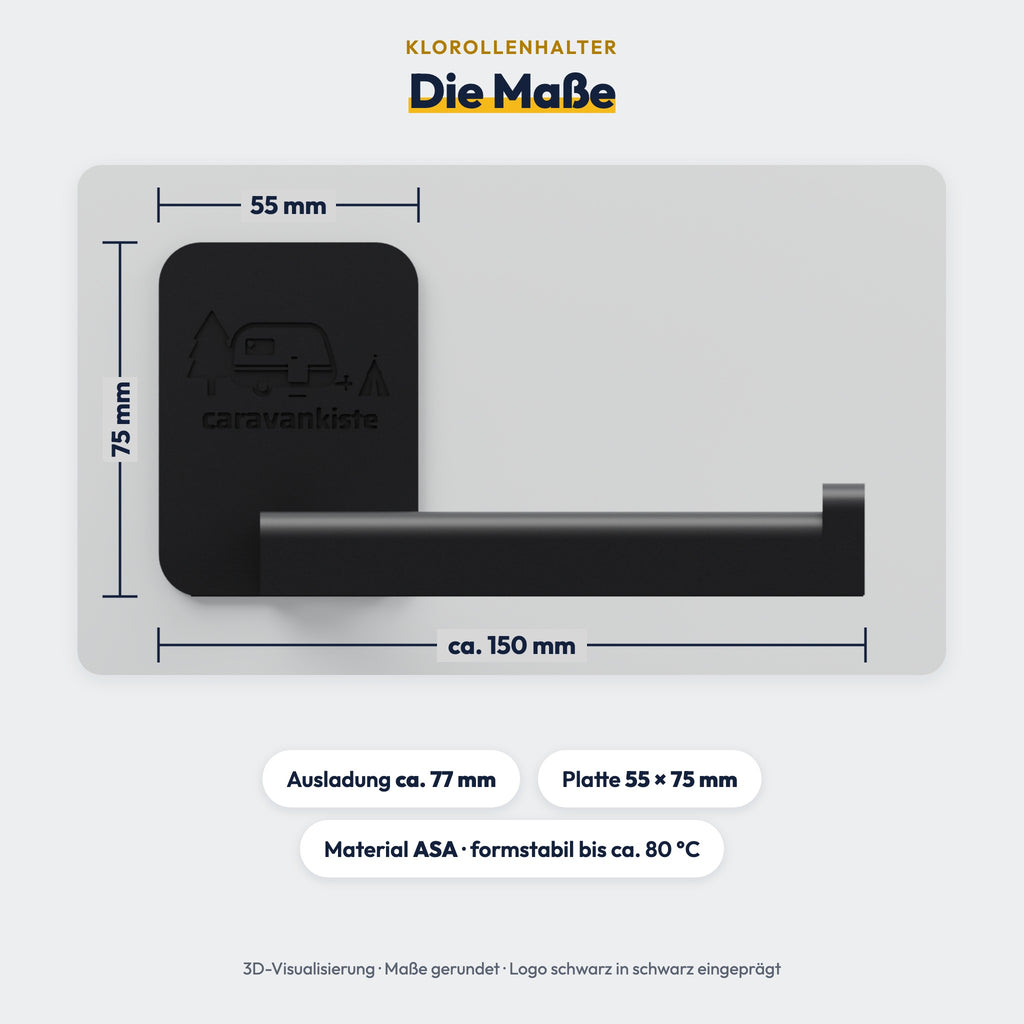 Maße des Klorollenhalters: ca. 150 mm breit, Wandplatte 55 × 75 mm, Ausladung ca. 77 mm