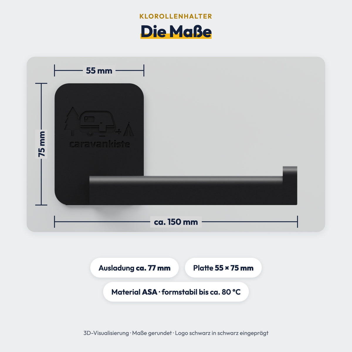 Maße des Klorollenhalters: ca. 150 mm breit, Wandplatte 55 × 75 mm, Ausladung ca. 77 mm